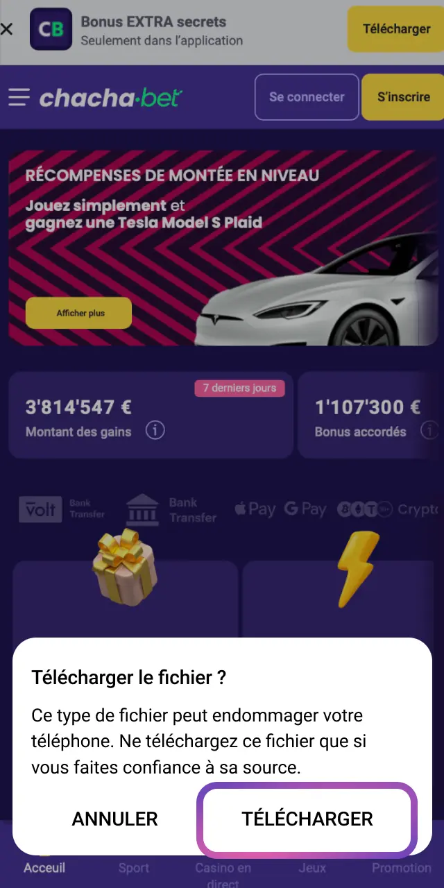 Confirmez le téléchargement de l'APK Chachabet en appuyant sur Accepter dans la fenêtre contextuelle.