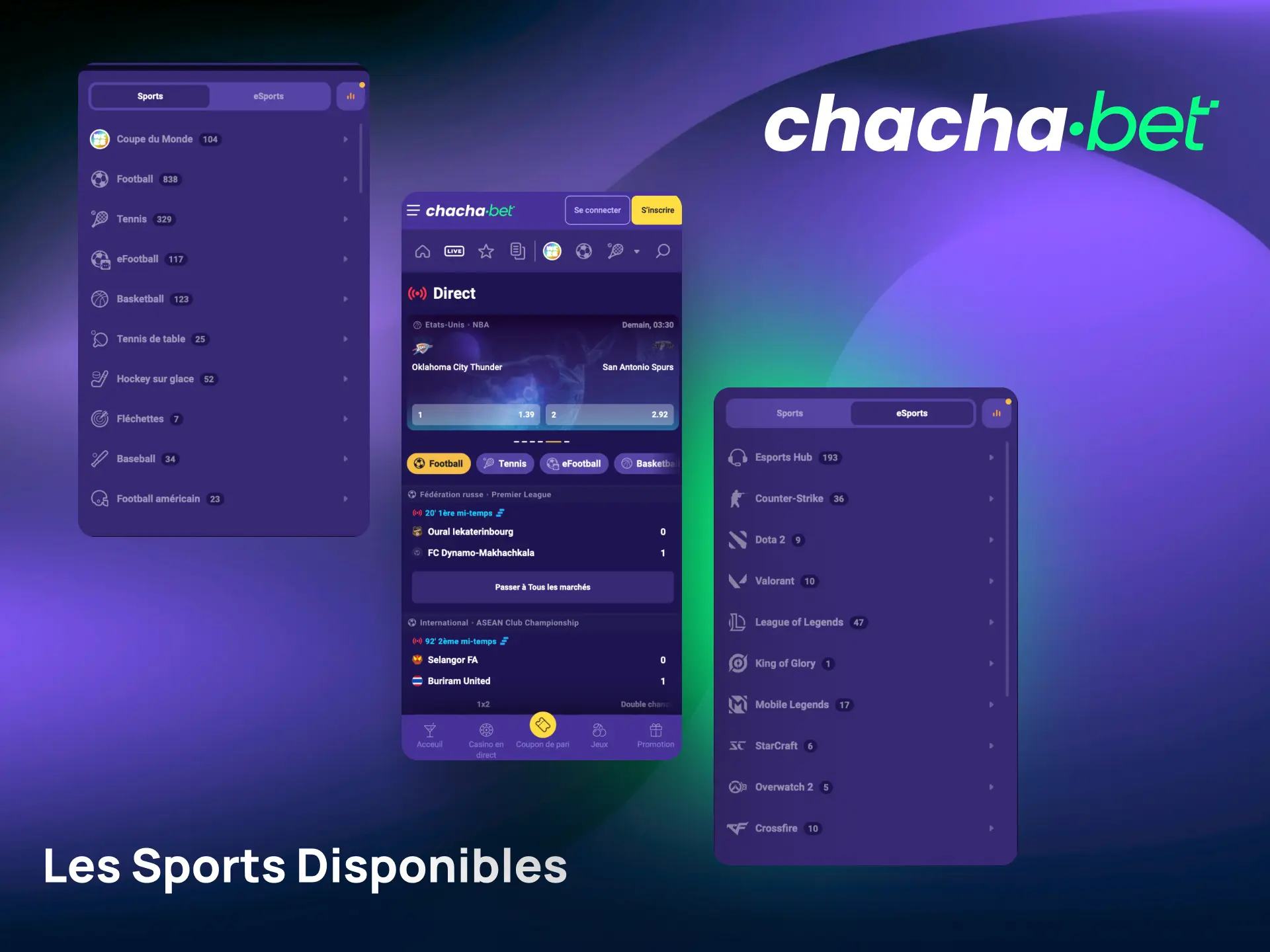 Pariez sur le football, tennis, basketball et autres sports depuis l'application Chachabet.