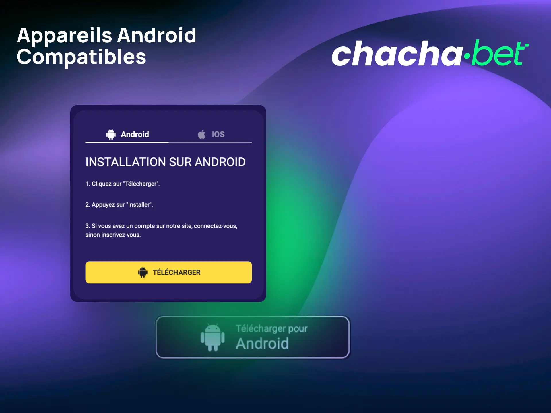 Liste des appareils Android compatibles avec l'application Chachabet incluant Samsung et Xiaomi.