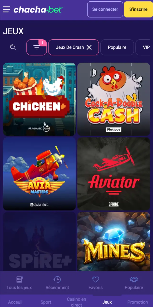 Interface du casino sur l'application Chachabet avec slots, jeux de table et live dealers.