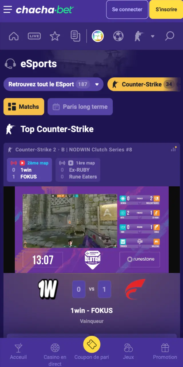 Section esports sur l'application Chachabet avec CS2, Dota 2 et League of Legends.