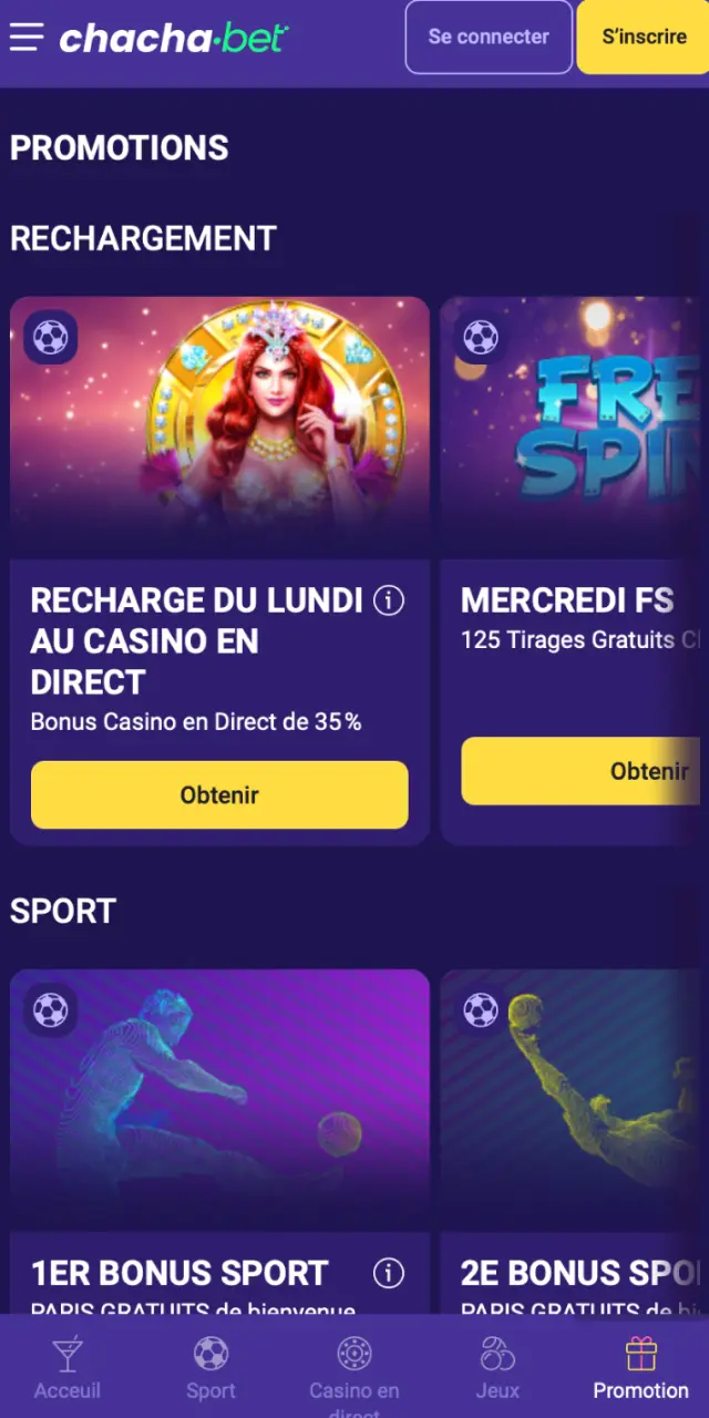 Page des promotions sur l'application Chachabet avec bonus de bienvenue et offres spéciales.