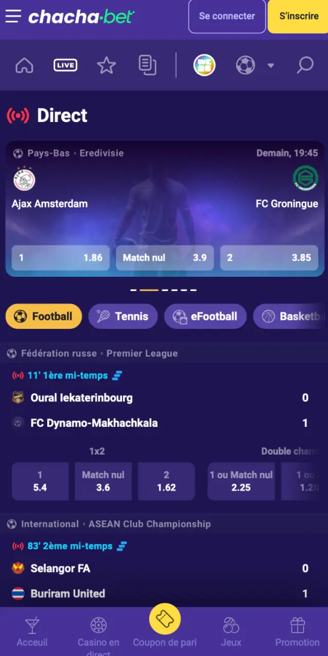 Interface des paris sportifs sur l'application Chachabet avec cotes en direct et matchs populaires.