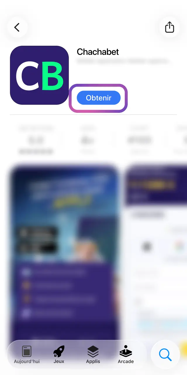 Appuyez sur le bouton Obtenir pour lancer le téléchargement gratuit de l'application Chachabet.