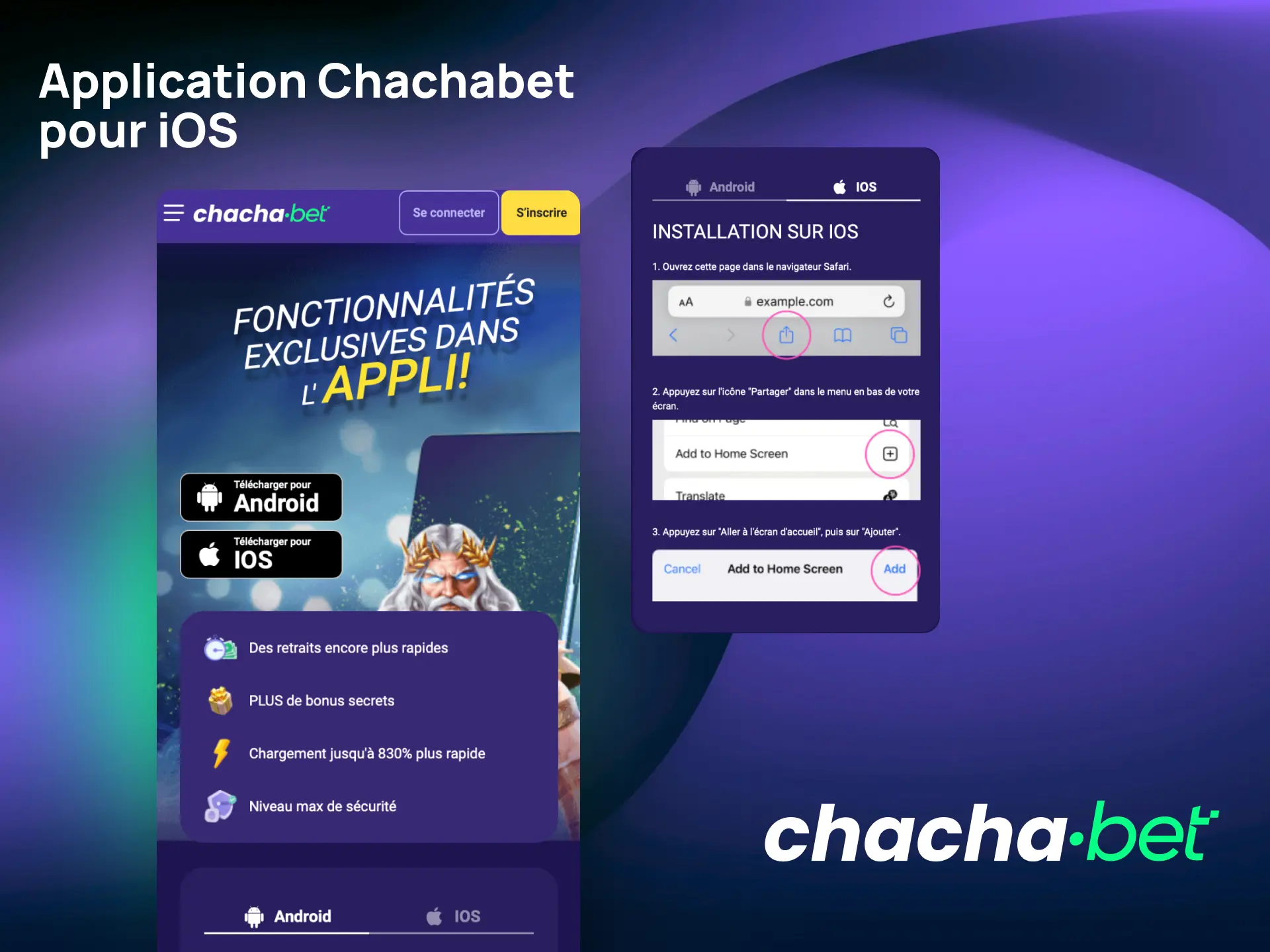 Installez l'application Chachabet pour iOS en tant que PWA depuis Safari sur votre iPhone.