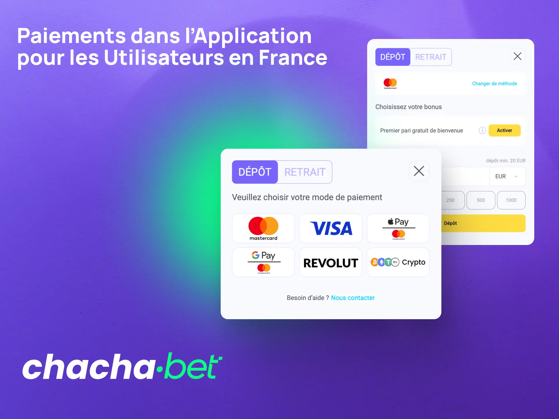 Utilisez les méthodes de paiement sécurisées dans l'application Chachabet pour déposer et retirer.