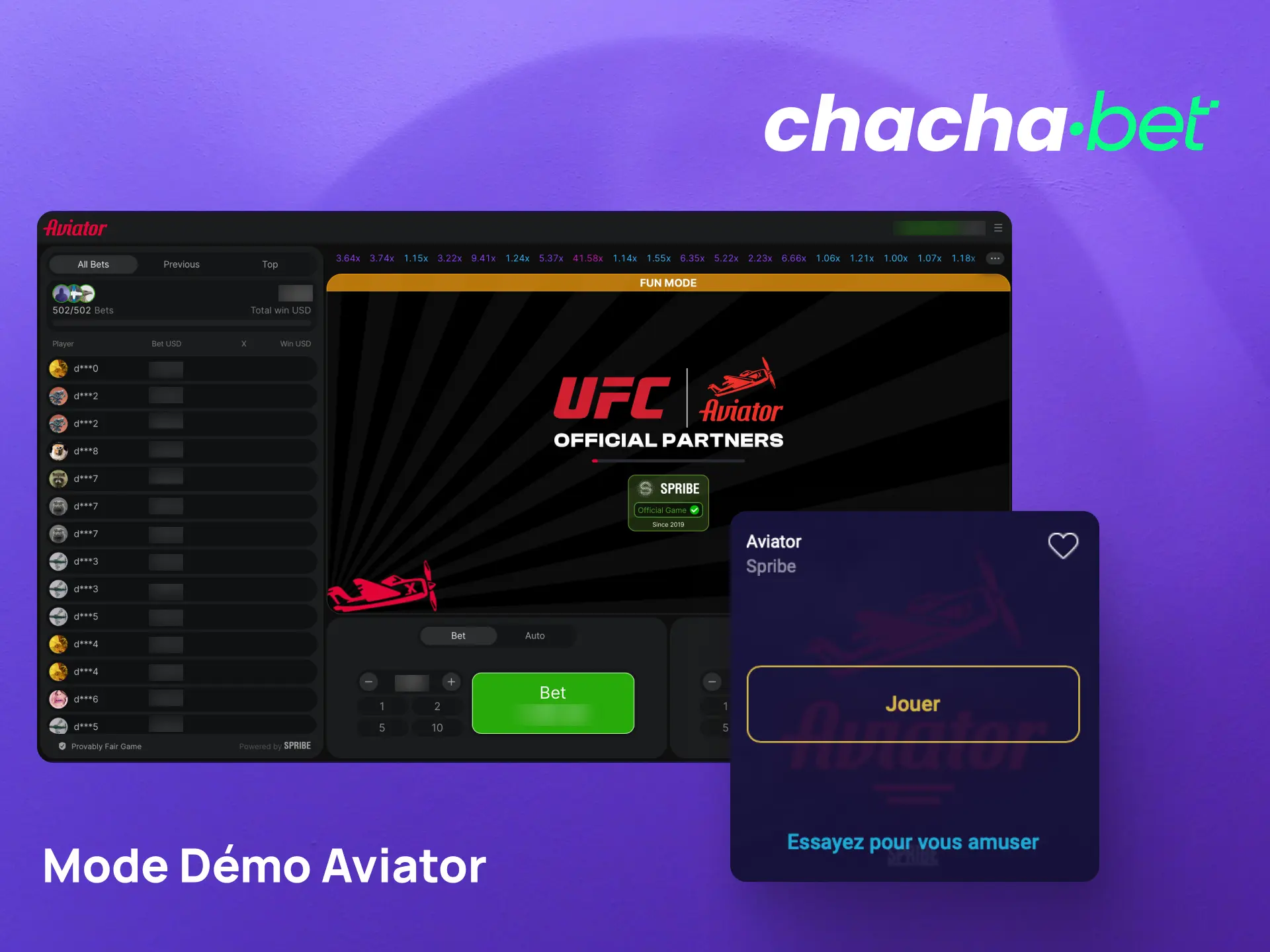 Essayez le mode démo de l'Aviator sur Chachabet gratuitement sans risque financier.