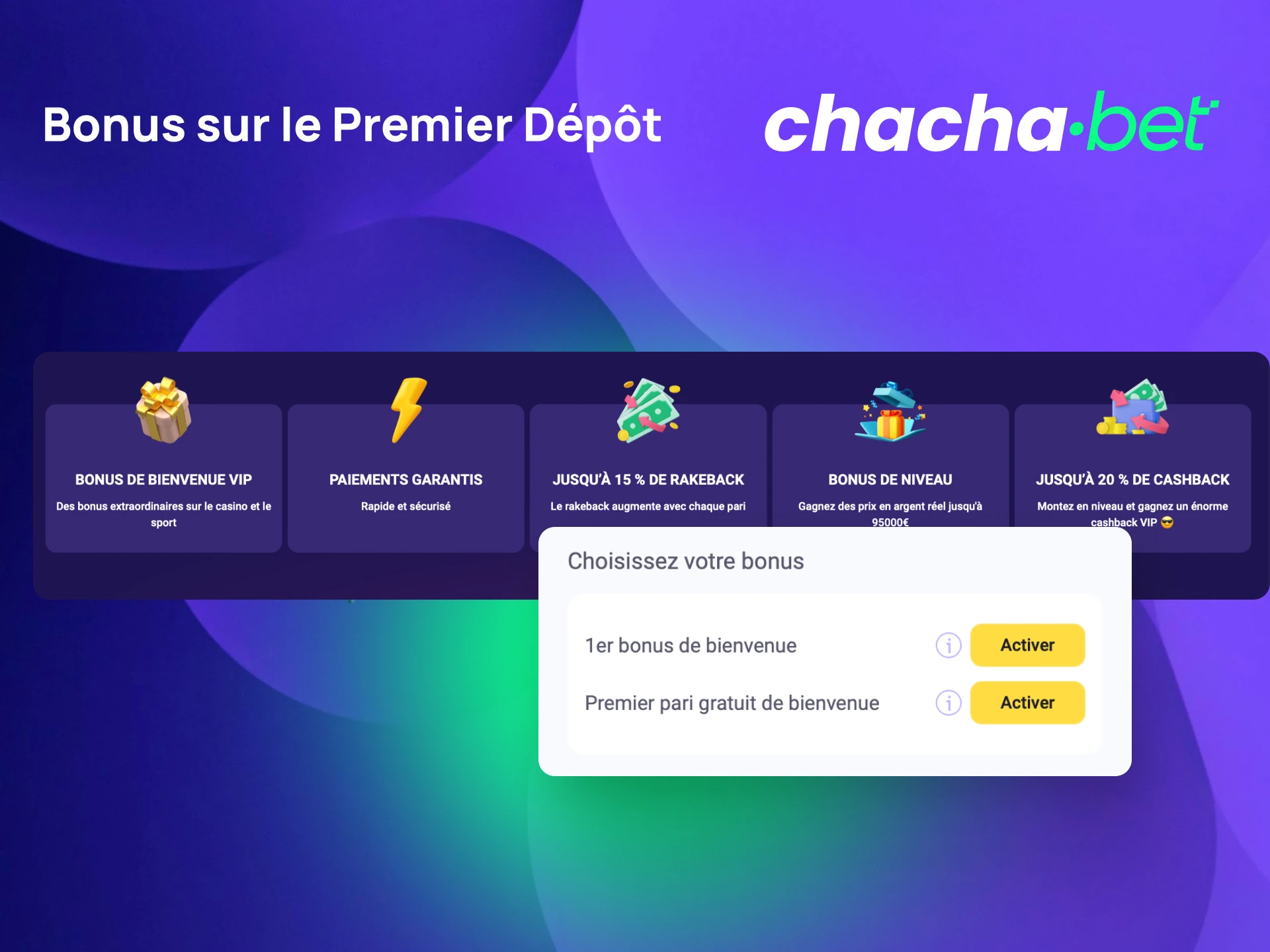 Profitez du bonus sur le premier dépôt Chachabet en ajoutant des fonds depuis votre compte.
