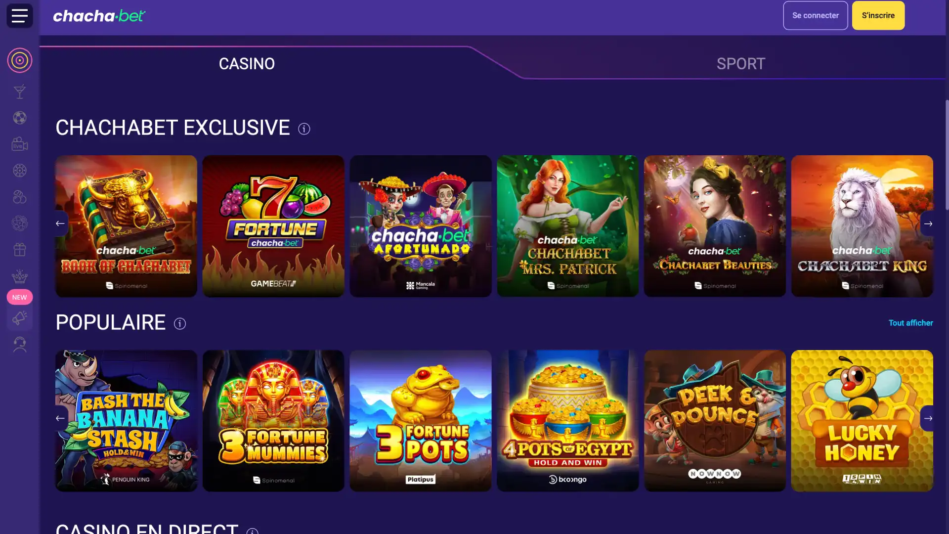 Interface du casino Chachabet avec slots, jeux de table et live dealers.