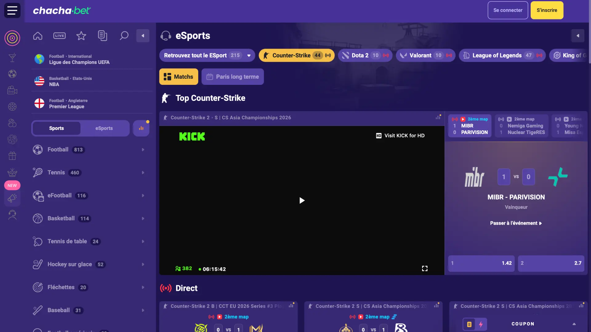 Section esports sur Chachabet avec CS2, Dota 2 et League of Legends.