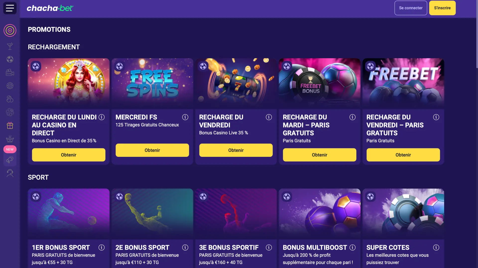 Page des promotions Chachabet avec bonus de bienvenue et offres spéciales pour les joueurs.