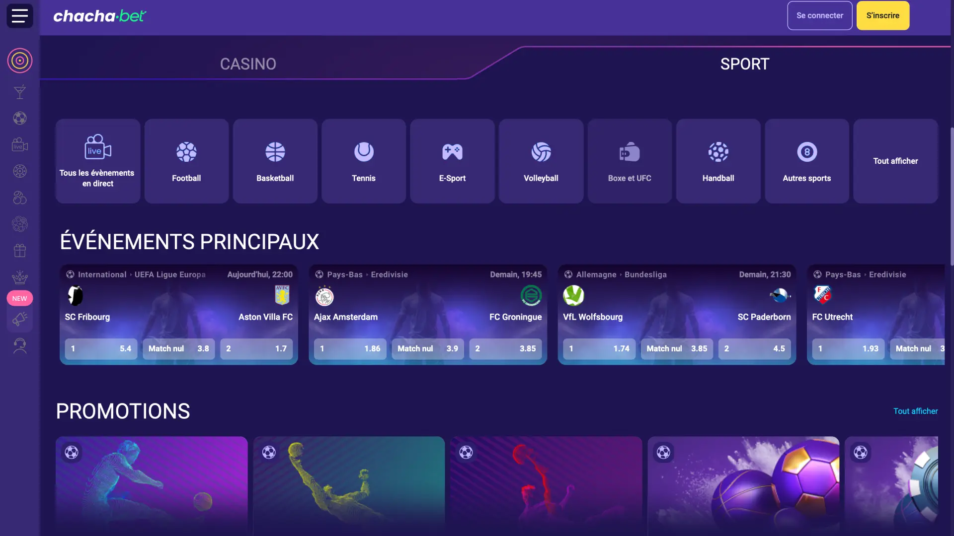 Interface des paris sportifs sur Chachabet avec cotes en direct et matchs populaires.