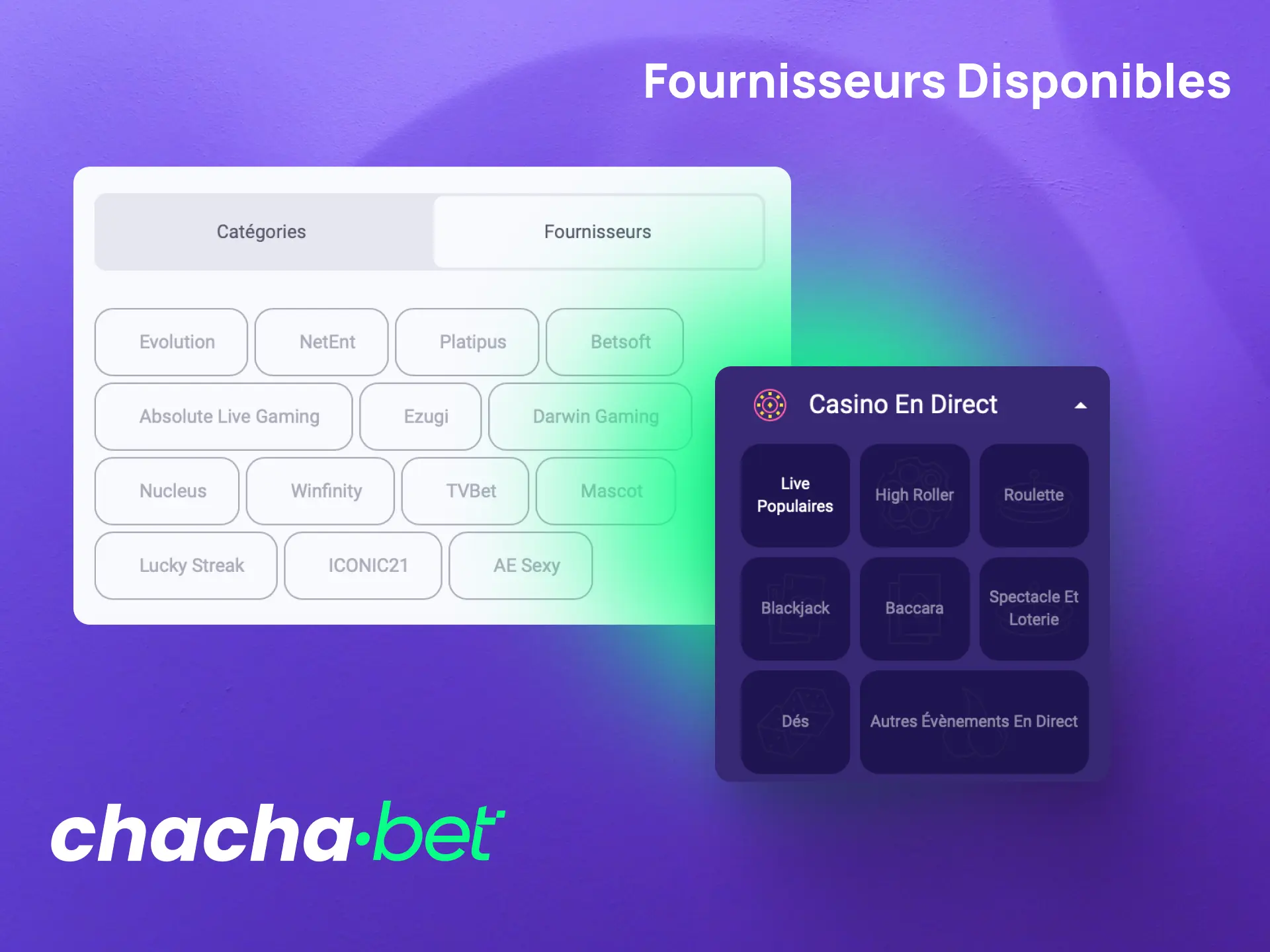 Découvrez les fournisseurs de jeux live casino disponibles sur Chachabet comme Evolution Gaming.