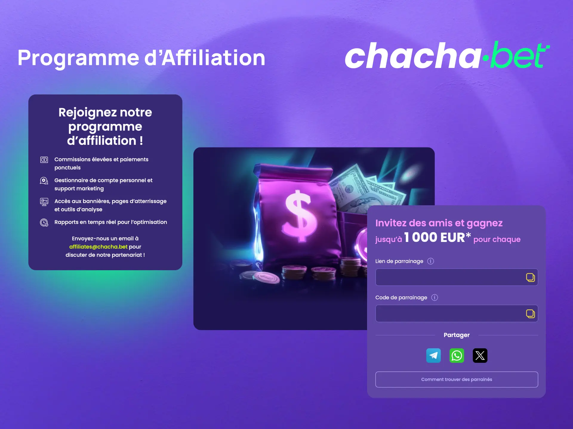Rejoignez le programme d'affiliation Chachabet et gagnez des commissions sur vos parrainages.