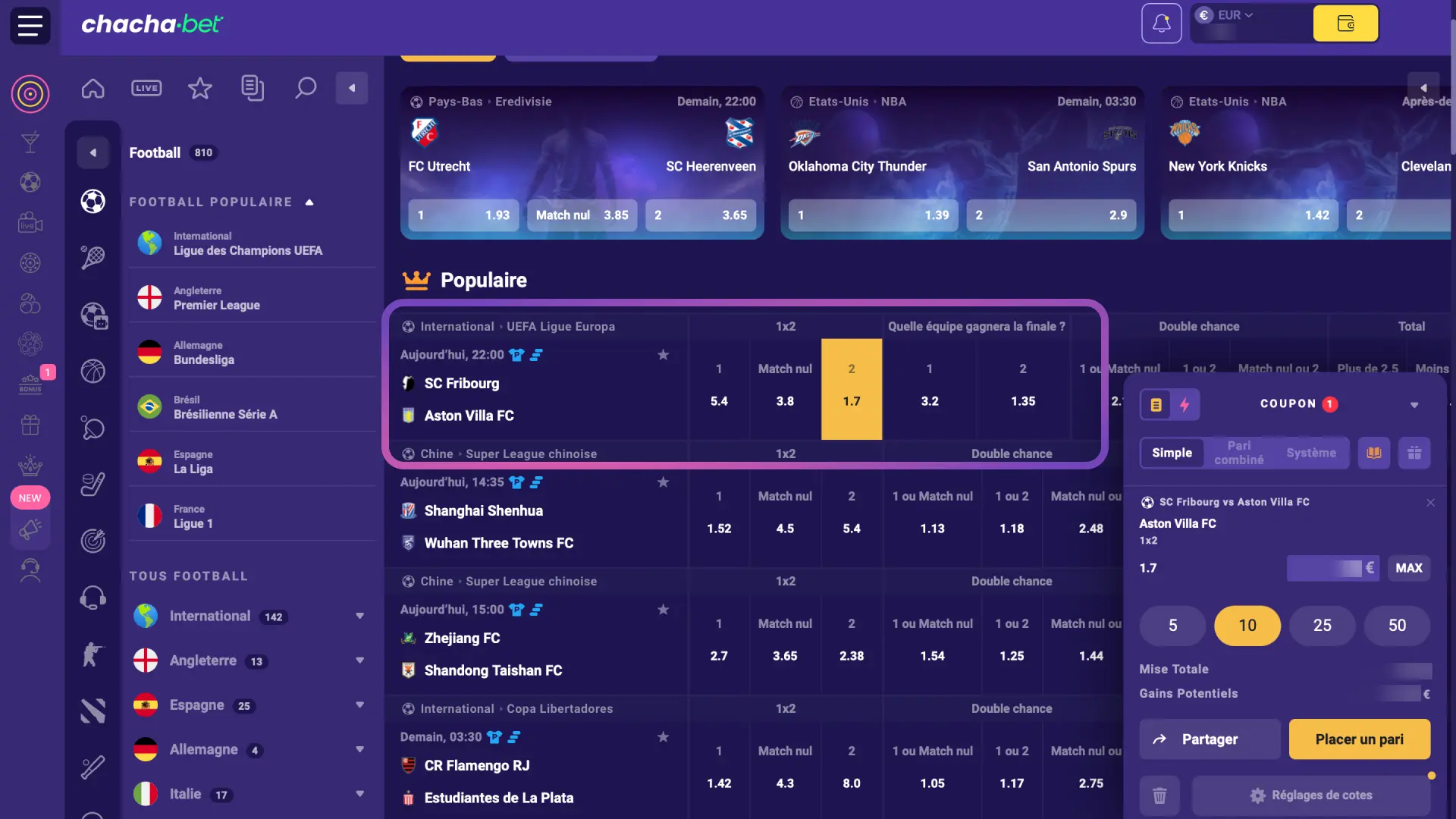 Cliquez sur la cote correspondant à votre pronostic sur Chachabet pour ajouter au coupon.