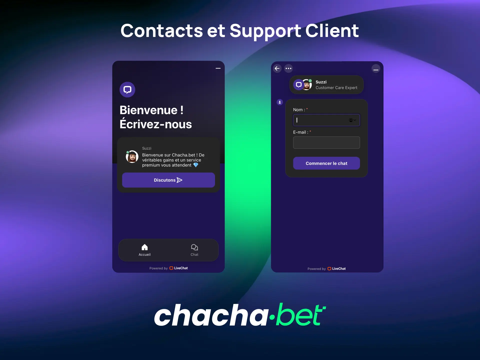 Contactez le support client Chachabet par chat ou email pour toute question sur vos paris.