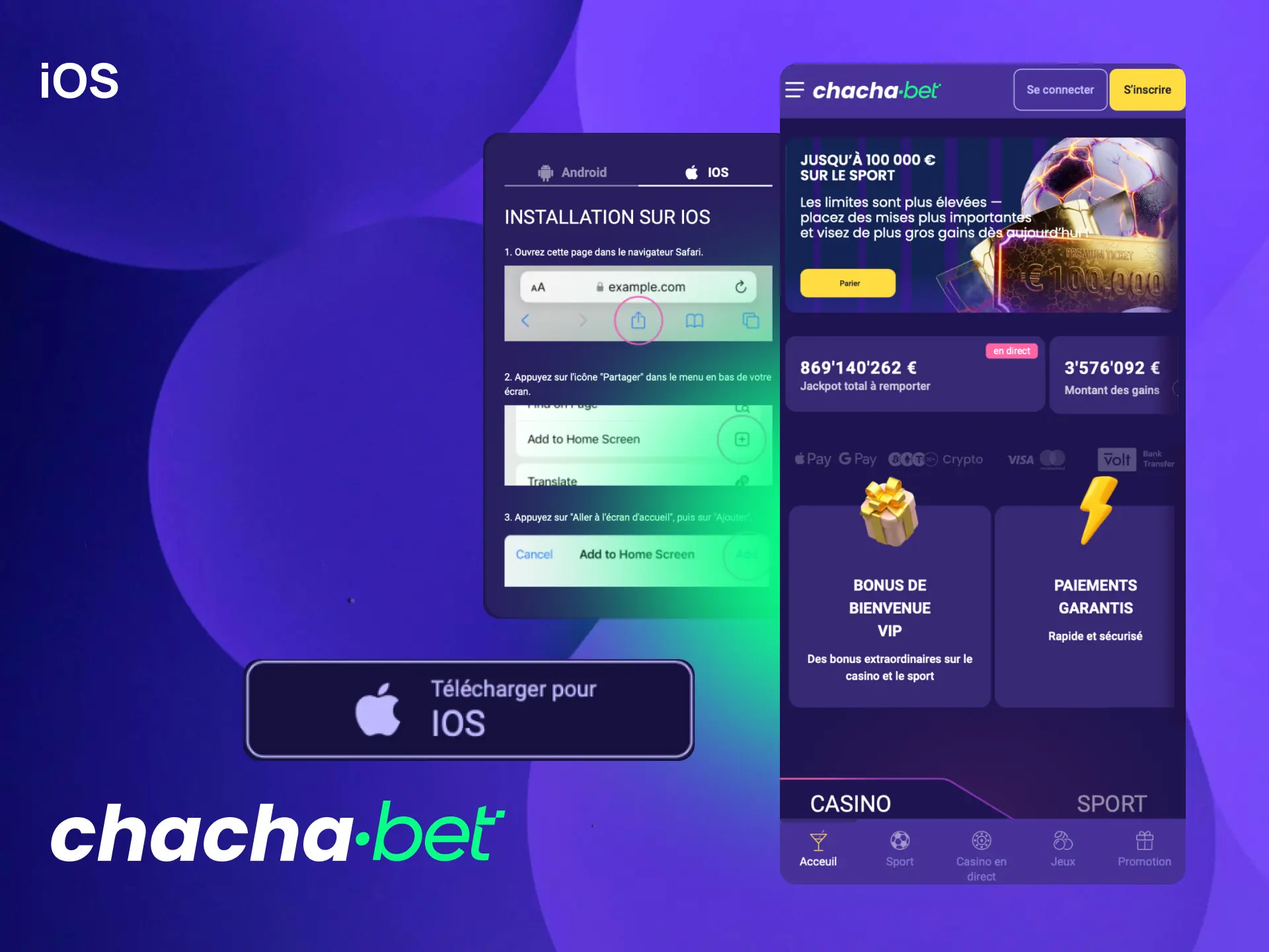 Installez l'application Chachabet sur iPhone ou iPad pour parier en toute simplicité.