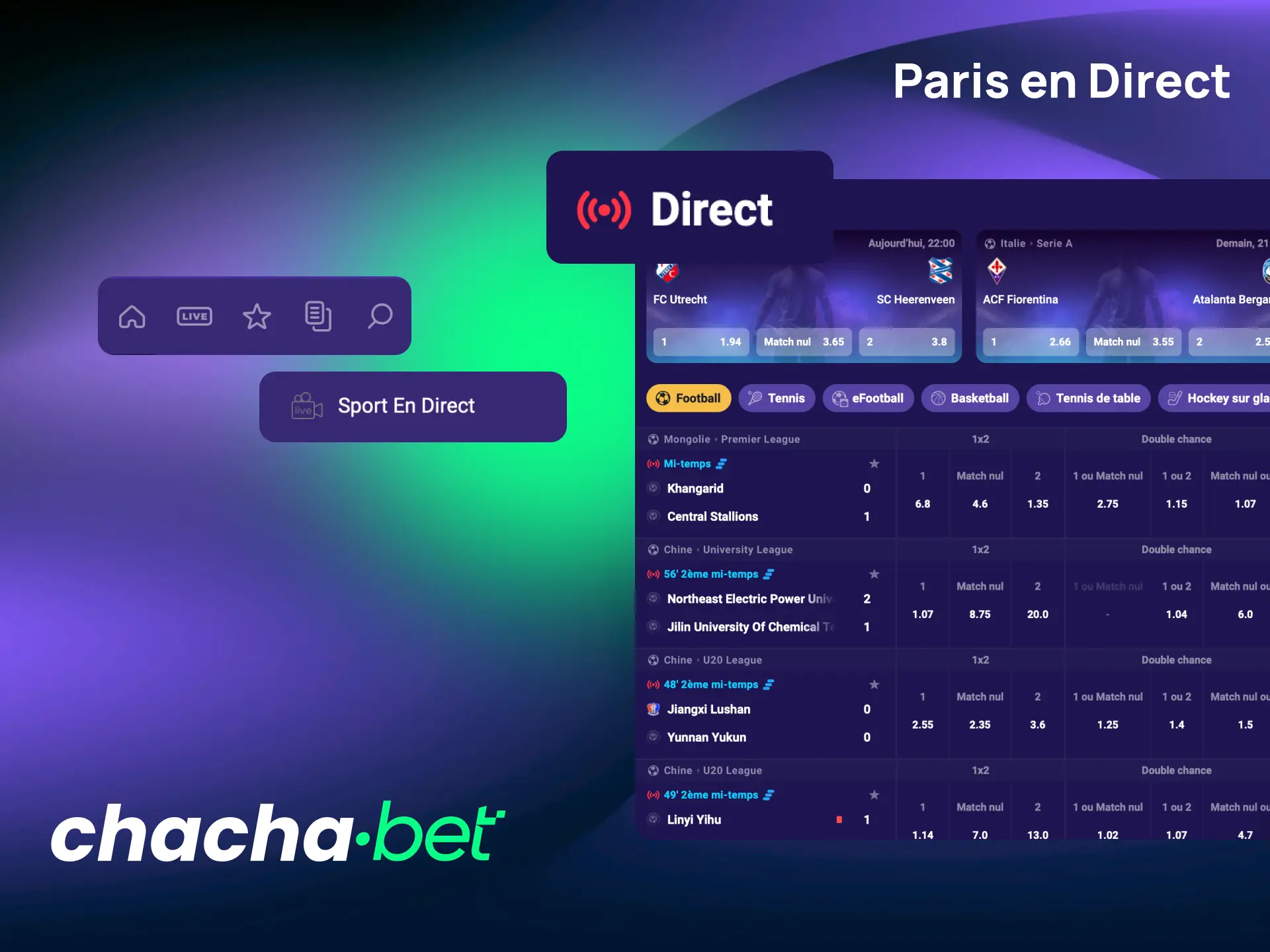 Suivez les matchs en direct et placez vos paris avec cotes dynamiques sur Chachabet.
