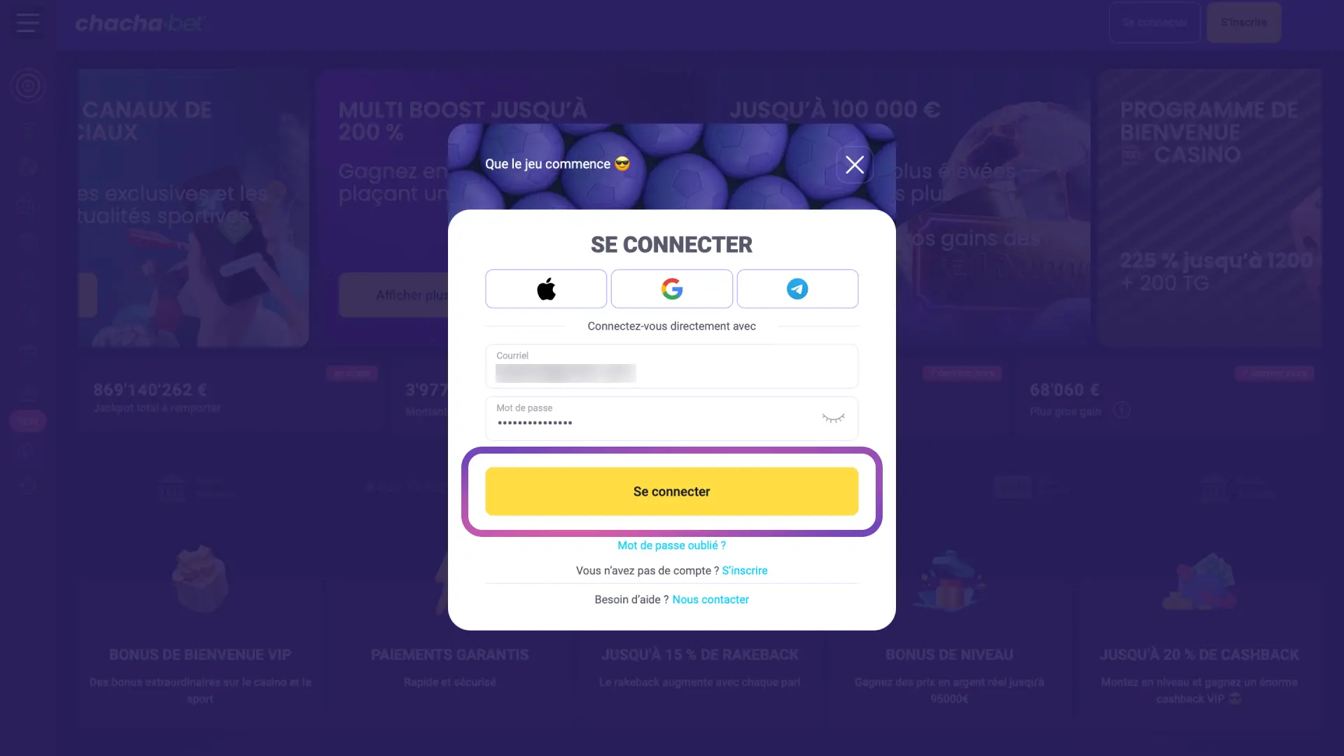 Accédez à votre tableau de bord Chachabet pour parier, jouer au casino ou gérer vos transactions.