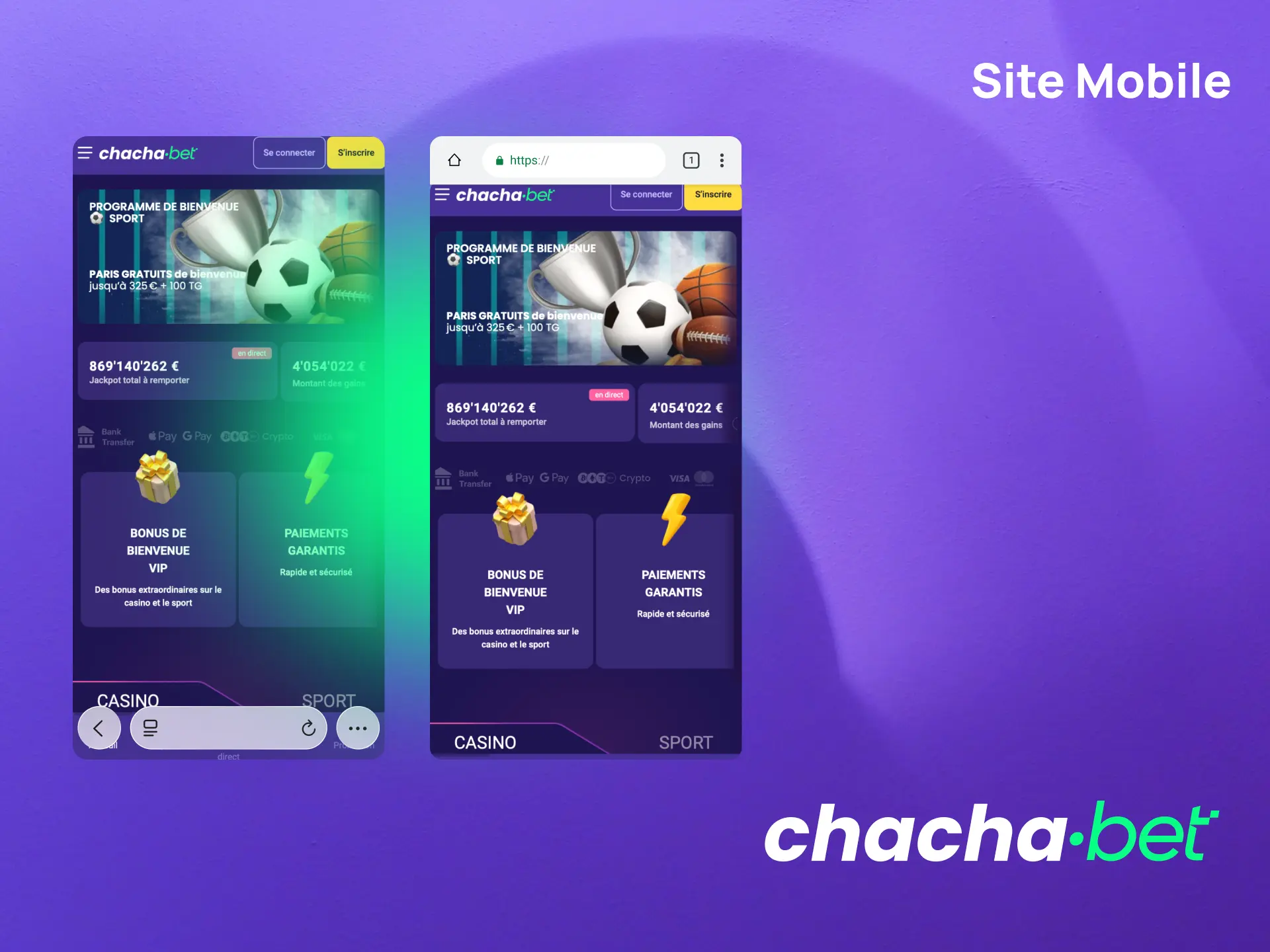 Accédez au site mobile Chachabet depuis votre navigateur sans téléchargement supplémentaire.