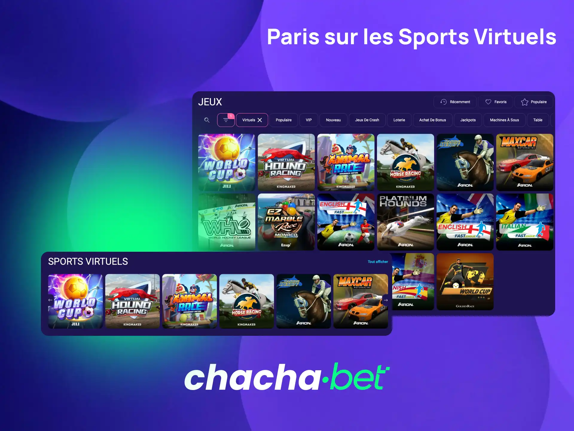 Pariez sur les sports virtuels avec Chachabet et profitez de résultats rapides et simulations réalistes.