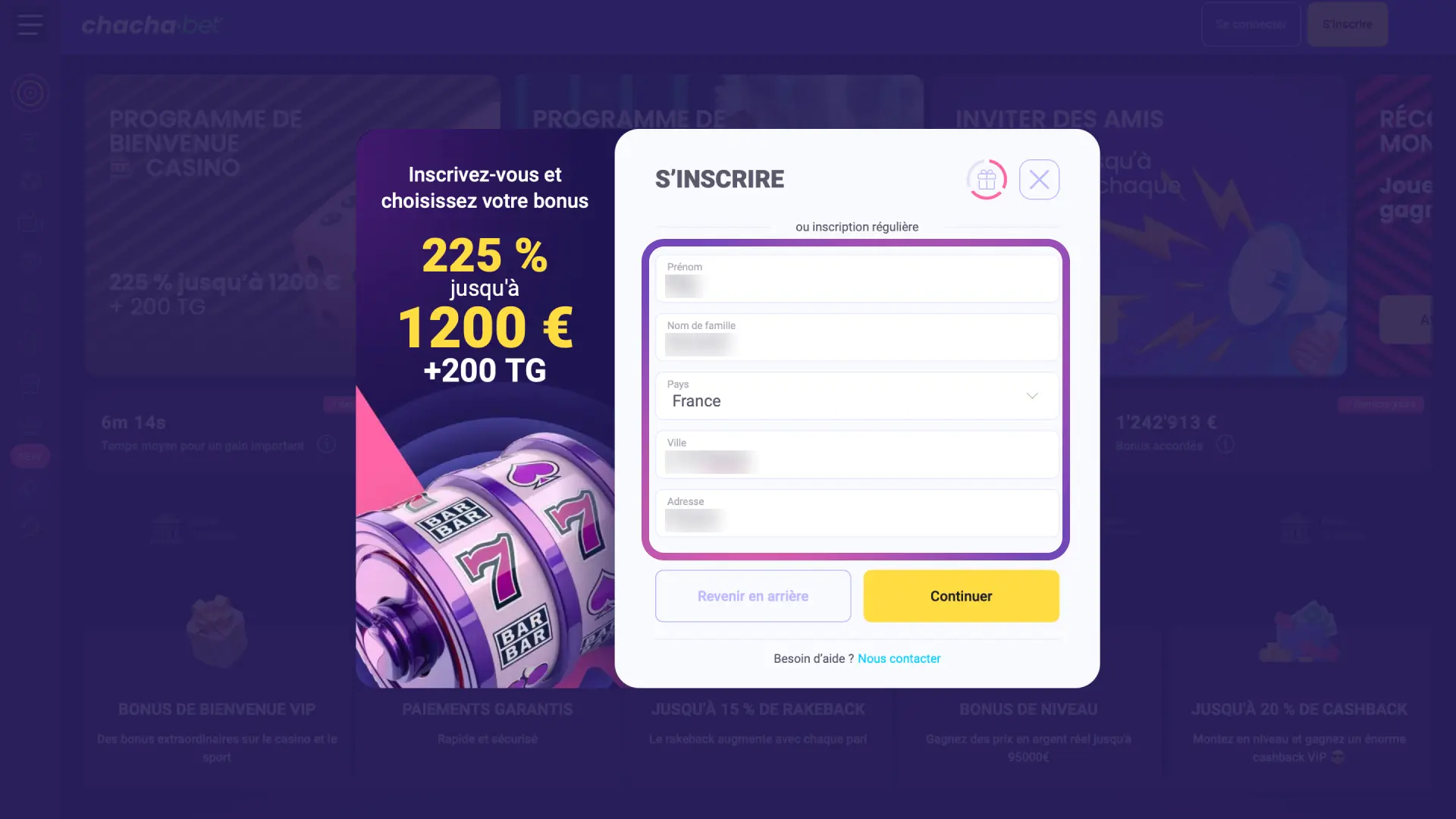 Sélectionnez EUR comme devise, la France comme pays et acceptez les conditions sur Chachabet.