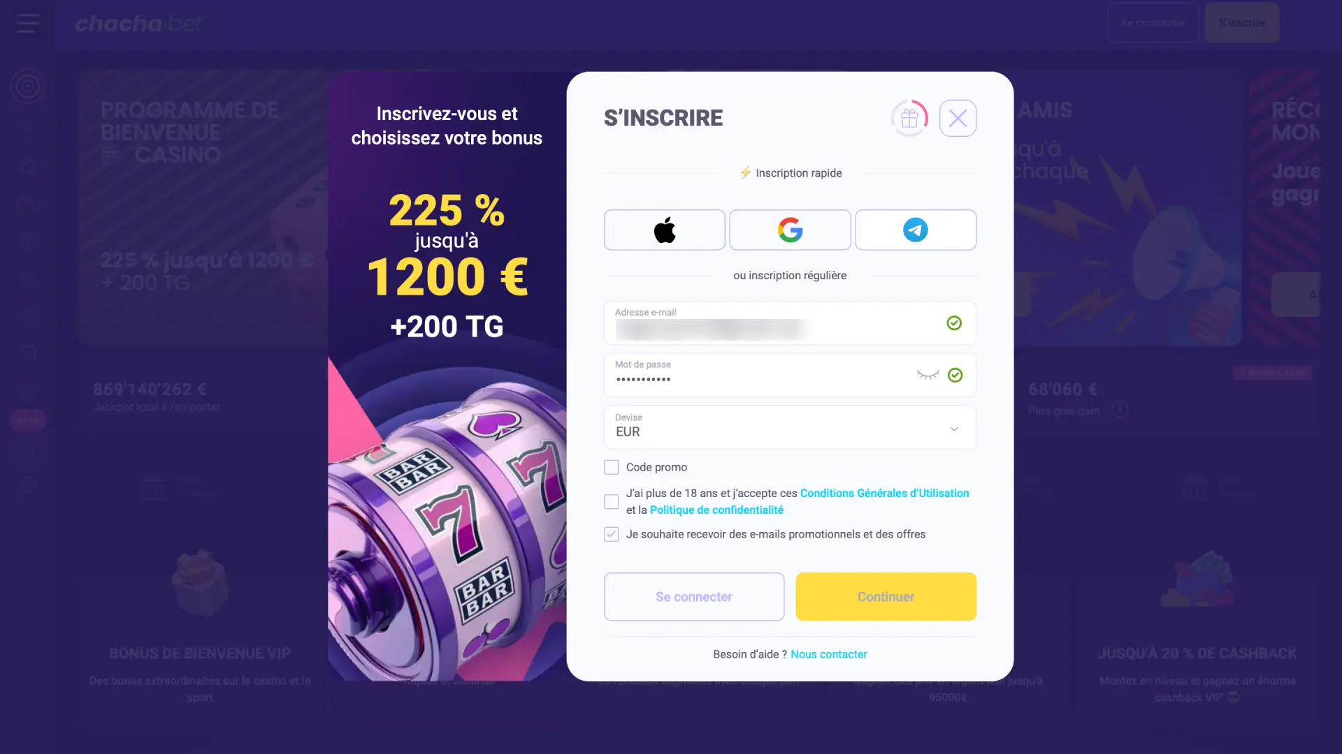 Cliquez sur le bouton S'inscrire sur Chachabet pour accéder au formulaire d'inscription officiel.