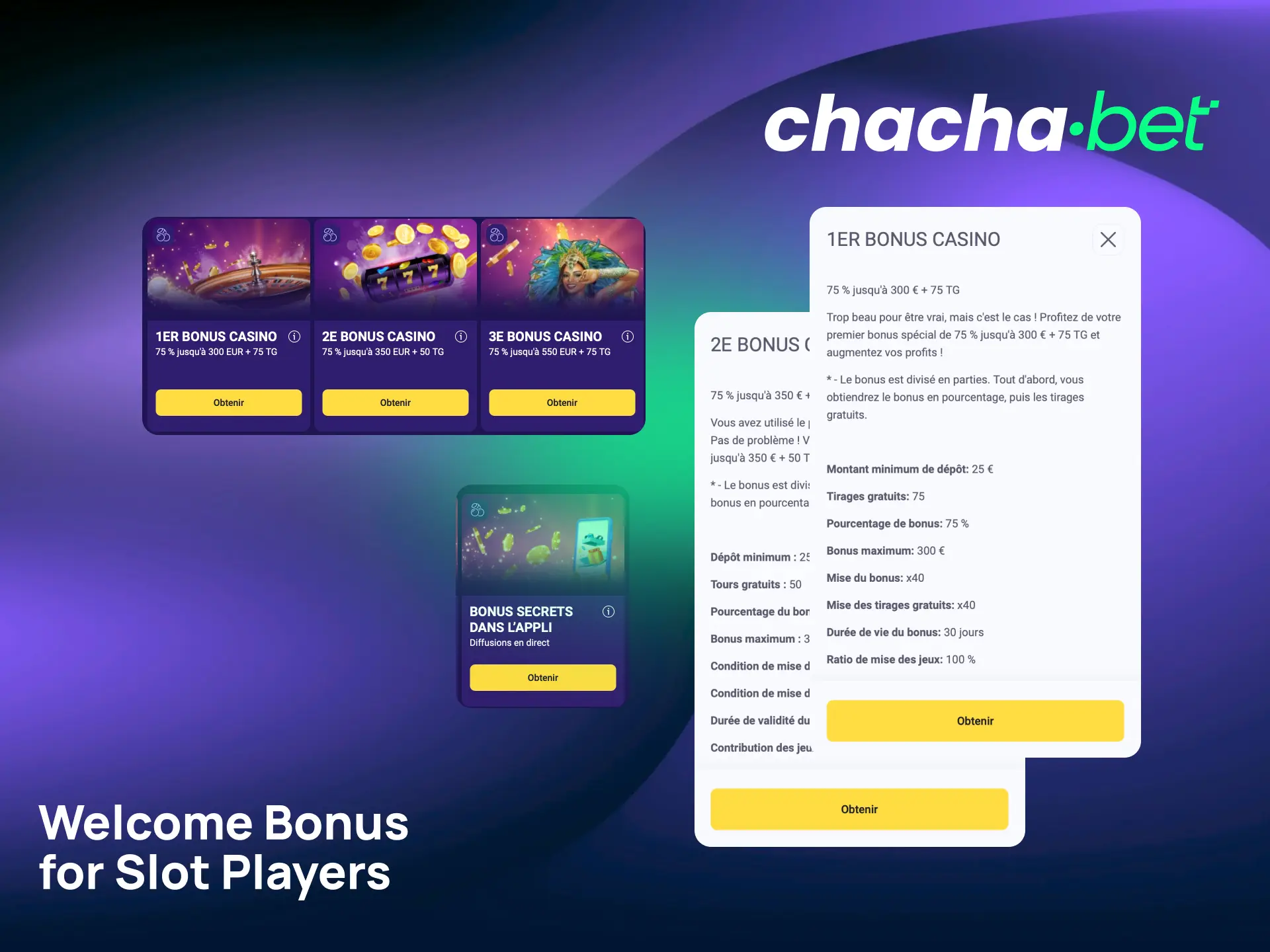 Profitez du bonus de bienvenue Chachabet pour jouer aux machines à sous dès votre premier dépôt.